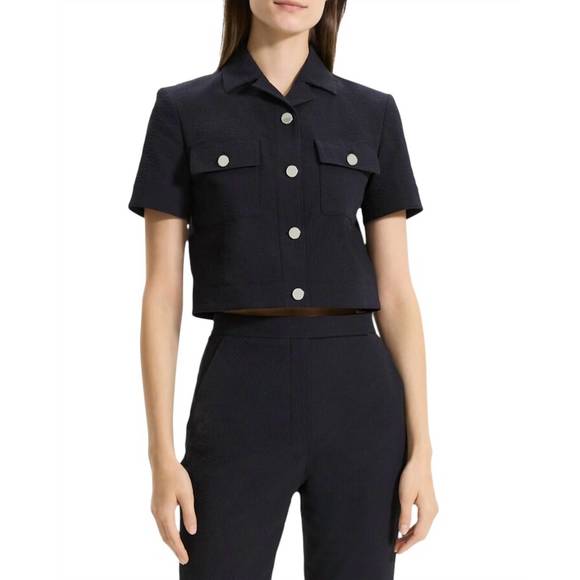 NEW THEORY seersucker cropped short sleeve jacket in navy - Picture 1 of 4